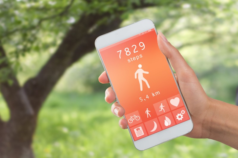 Hand hält Smartphone mit Fitnessapp in Natur
